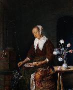 Gabriel Metsu Woman feeding a cat oil painting
